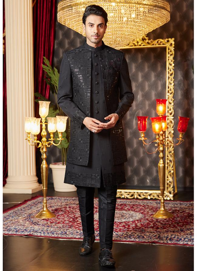 Art Silk Black Wedding Wear Thread Work Readymade Indo Western Sherwani